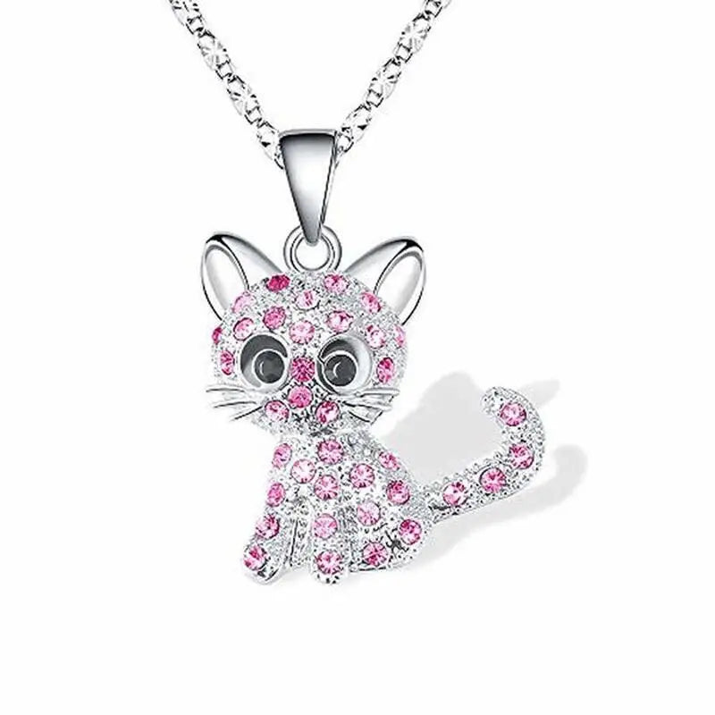 Silver Cat Pendant Necklace With Rhinestones
