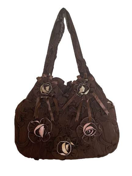 Brown Vintage Satin Bag with Flower Details