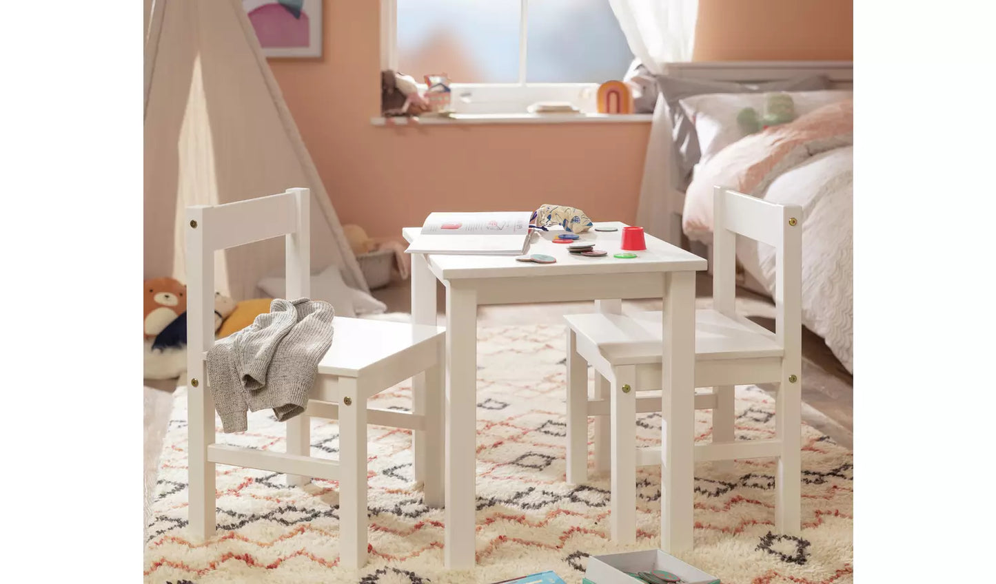 Kids Table & 2 Chairs - White Wood