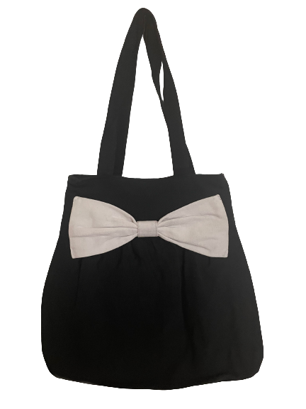 Black Cotton Tote Bag with White Bow