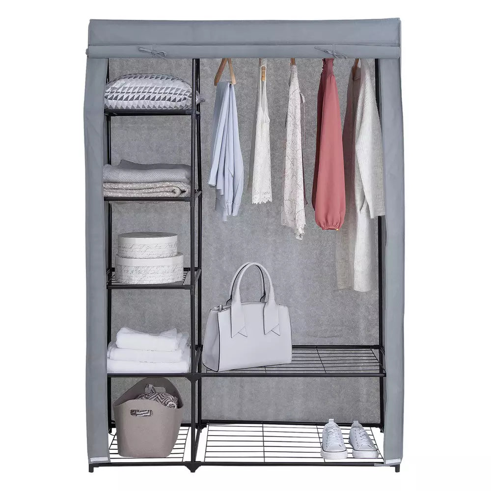 Covered Double Wardrobe with Storage - Grey