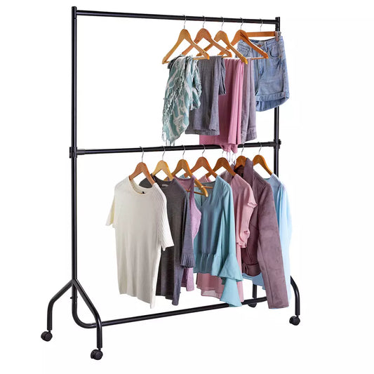 Heavy Duty 2 Tier Wheeled Clothes Rail - Black