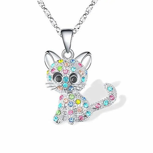 Silver Cat Pendant Necklace With Rhinestones