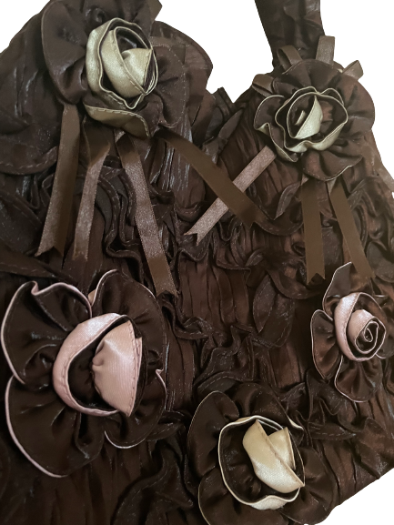 Brown Vintage Satin Bag with Flower Details