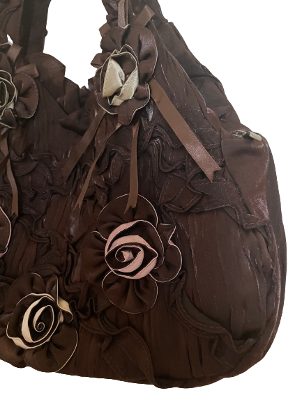 Brown Vintage Satin Bag with Flower Details