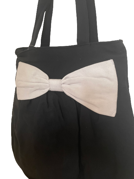 Black Cotton Tote Bag with White Bow