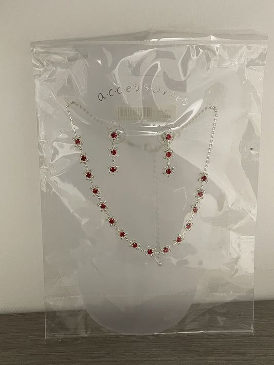 Red and Silver Necklace and Earrings Set