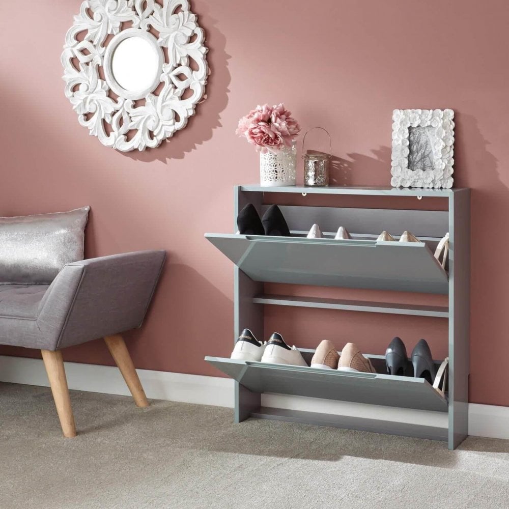 2 Tier Narrow Gloss Shoe Cabinet - Grey