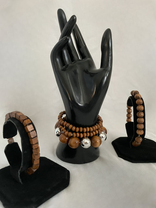 Brown and Silver Beaded Bracelets - Set of Five