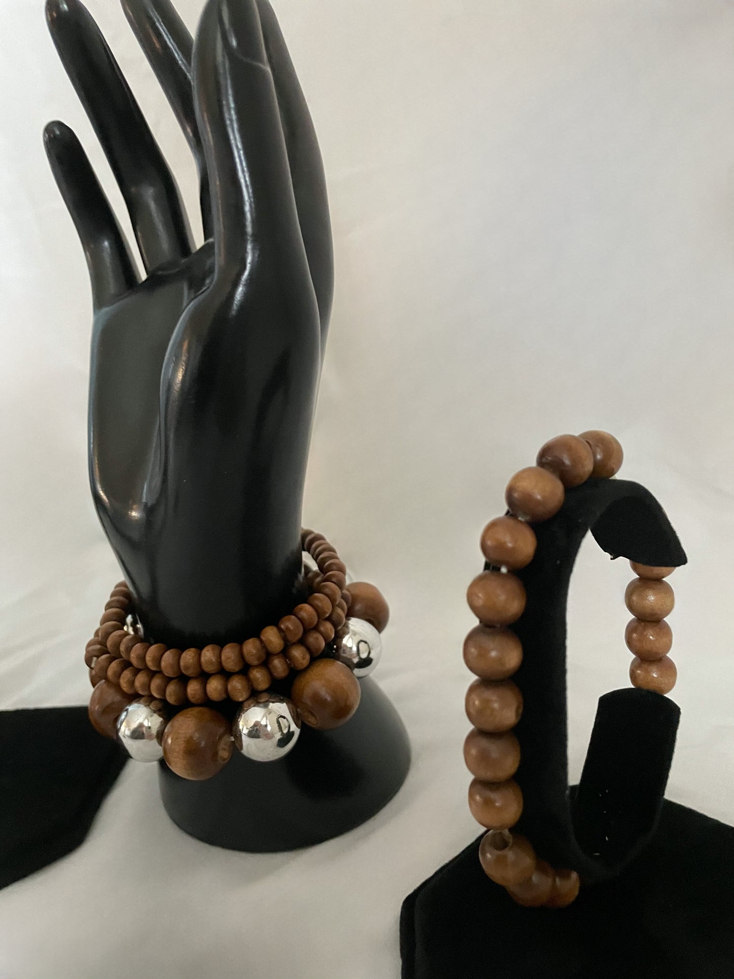 Brown and Silver Beaded Bracelets - Set of Five